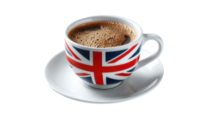 British style coffee cup with Union Jack flag design isolated on transparent background	
