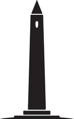 Black and white minimalist silhouette of a tall obelisk monument with a pointed top and a small window cutout