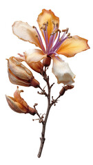 Blooming flower, with orange petals and purple stamen, on a twig