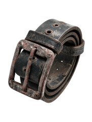 Worn, aged dark leather belt with distressed metal buckle, rolled up