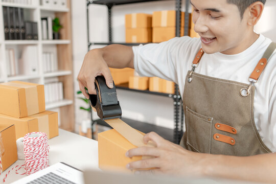 Small business entrepreneur in ecommerce startup, showcasing online retail, packaging process, digital transformation, and innovative trade solutions for global marketplace success. - Powered by Adobe