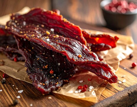 Close-up of sliced beef jerky on brown paper atop rustic wood cutting board