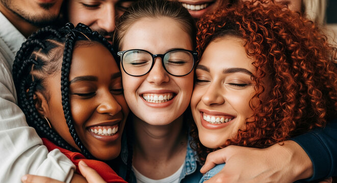 A close up shows a diverse group of friends hugging, filled with joy and happiness in a bright, indoor setting. A portrait of togetherness, unity, and strong connection.