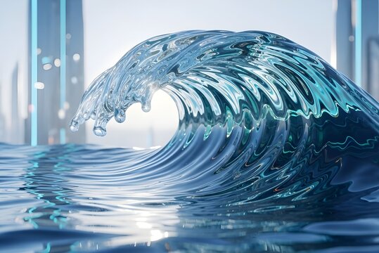 Liquid glass ocean wave with translucent reflective curves, futuristic surreal design, smooth shapes, high-resolution.