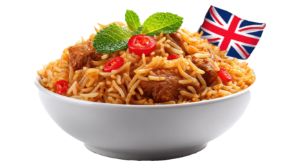 Biryani Rice Bowl with British Flag Garnish on White Background