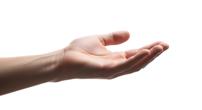 An open hand outstretched, ready to receive or give, against a clean white background