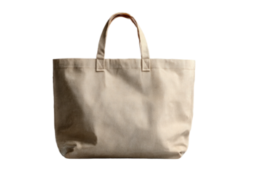 Simple, beige canvas tote bag with handles on a black background