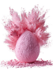Pink egg bursts open with a cloud of pink powder in mid-explosion