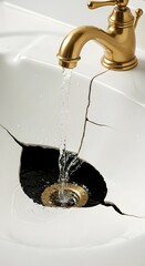 A close-up of a broken sink with water flowing into the drain, highlighting plumbing damage and the need for repair in a bathroom setting