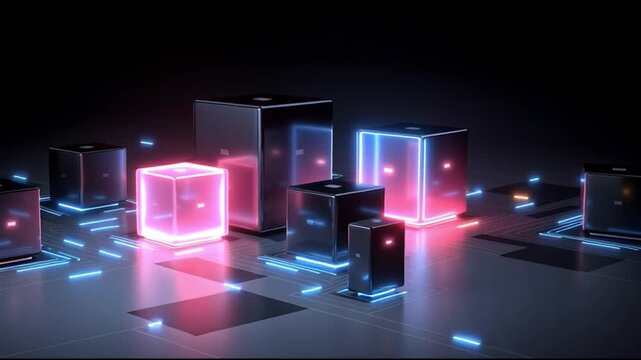 Massive dataset big data processing. Machine learning. Cloud storage. Analytics. Futuristic cubes illuminated with colorful lights on a dark surface