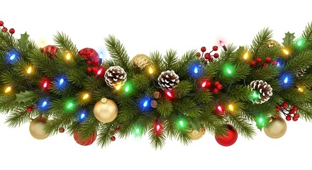 Wavy seamless horizontal Christmas garland of lush green fir branches with bright lights and sparkles. Perfect festive decoration border for holiday designs. Transparent background