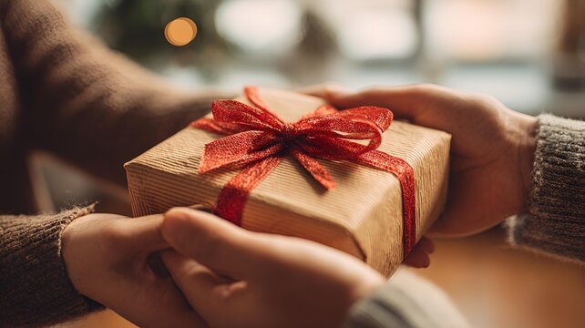Close-up of hands exchanging a gift box, brown wrapping paper tied with a shiny red ribbon, giving presents to people on holiday, warm and emotional atmosphere