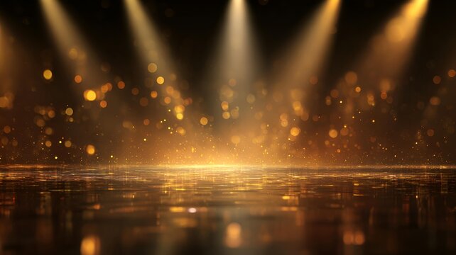 Golden stage background with glowing spotlights, shimmering light particles, and a reflective floor, cinematic award show atmosphere, luxurious warm lighting, elegant depth and bokeh, copy space