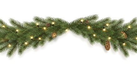 Wavy seamless horizontal Christmas garland of lush green fir branches with bright lights and sparkles. Perfect festive decoration border for holiday designs. Transparent background