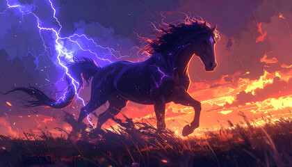 A powerful dark horse gallops through a grassy field, its form crackling with purple lightning under a dramatic, fiery sunset sky.