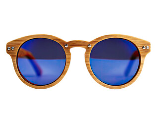 Round sunglasses with light-wood frame and blue, mirrored lenses