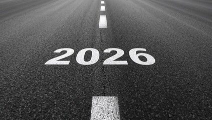 Road to 2026, future journey on asphalt path with dashed lines