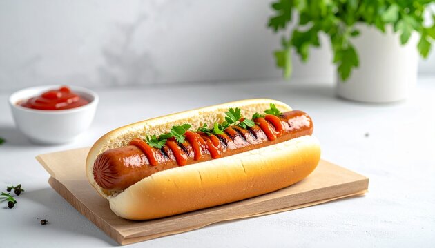 Delicious Grilled Hot Dog with Ketchup and Fresh Herbs on a Bun - Powered by Adobe