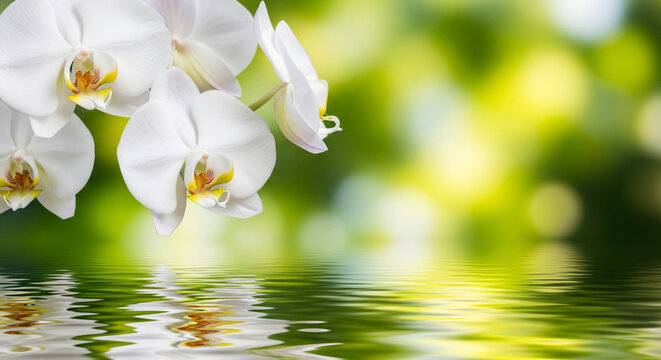 Close-up shot featuring delicate white orchids reflected on water, set against a vibrant green and yellow bokeh background creating a serene and elegant scene.