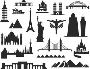 World famous landmarks silhouette vector collection with iconic monuments, architecture symbols, travel destinations, historical buildings, bridges, and tourist attraction illustration.