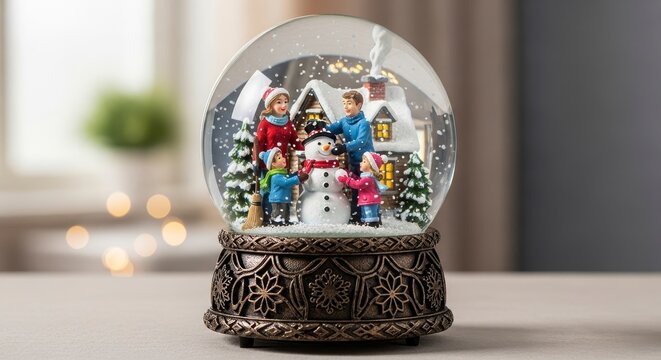 Christmas snow globe with family building snowman.