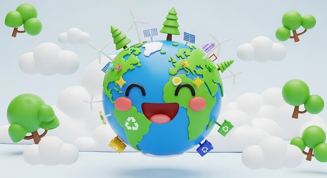 A cheerful Earth globe with smiling face, trees, clouds, and recycling symbols. - Powered by Adobe