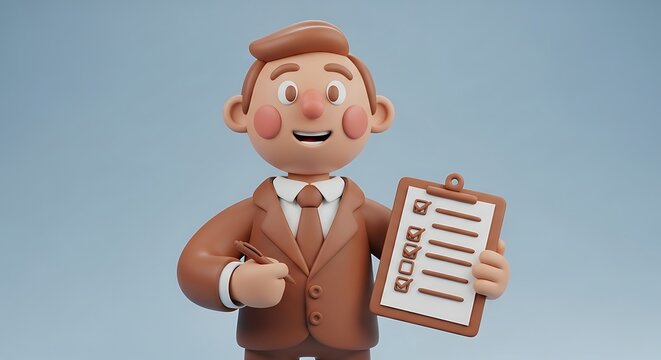 Cartoon man in a suit holding a clipboard with a checklist and a pen, smiling against a blue background.