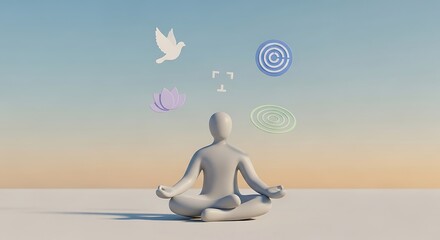 A figure in a lotus position meditates with symbols of peace, spirituality, and focus floating above.