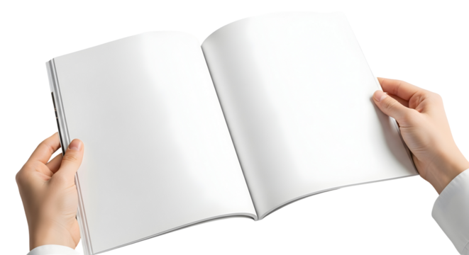 Open blank book in hands, ready for content, a clean white page spread