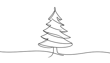 A continuous line drawing of a stylized conifer tree with simple details. The tree is centered on a white background