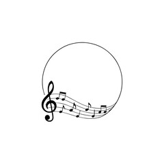 Simple vector outline of music notes and treble clef in a round circle frame border design