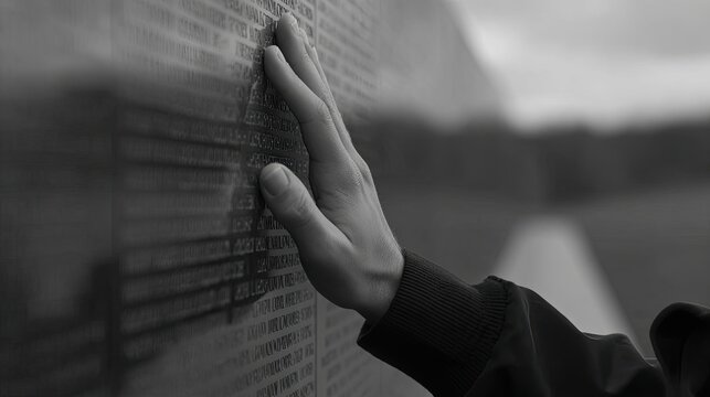 Person Touching Engraved Names on Memorial Wall in Emotional Gesture of Remembrance and Reflection at Historical Site with Black and White Tone