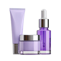 Purple skincare set tube, jar, dropper bottle. Clean, modern look