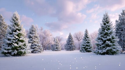 Obraz premium Serene Winter Landscape with Snow-Covered Trees under Blue Sky and Soft Clouds, Glowing Light Flakes, Perfect for Seasonal Backgrounds and Nature Visuals