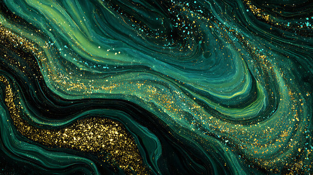 Emerald and gold liquid swirls with glittering particles abstract background - Powered by Adobe