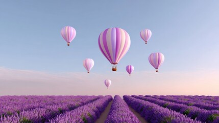 Fototapeta premium Hot air balloons flying over a vibrant lavender field under a clear blue sky at sunrise with soft sunlight illuminating the landscape