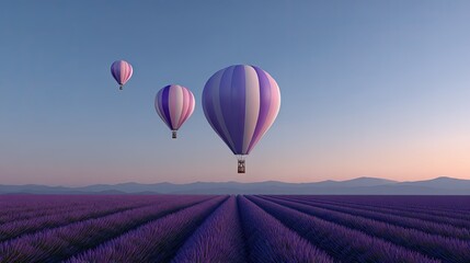 Fototapeta premium Colorful hot air balloons flying over a serene lavender field at sunrise, creating a peaceful and picturesque landscape in the countryside