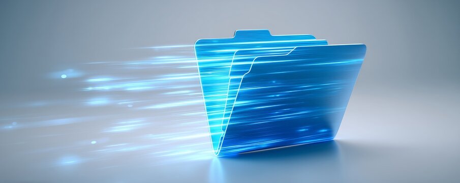 Digital blue folder with light streaks illustrating data transfer on a gray background, concept for file management, information technology and data security