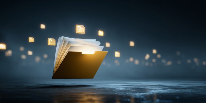 Golden folder with documents floating above a glossy surface against a dark blue background, concept for data management, digital archive and file organization