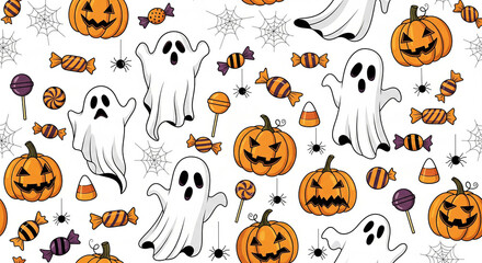 Cute Halloween Ghost Seamless Pattern with Candy and Pumpkins