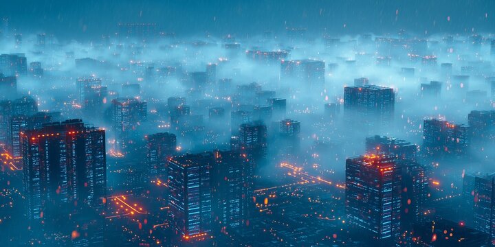 Dense cityscape shrouded in mist with glowing lights punctuating the darkness, concept for urban exploration, dystopian setting and futuristic architecture