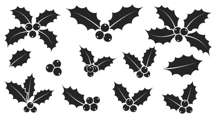 Collection of black silhouette holly sprigs and berries for festive holiday design elements