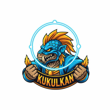 Cartoonish mascot, mythical creature, blue scaly character, kukulkan logo