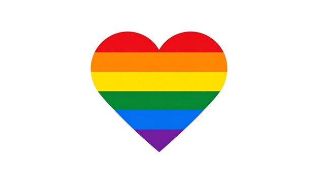 A heart-shaped graphic with vibrant, horizontal stripes of red, orange, yellow, green, blue, and purple against a white backdrop