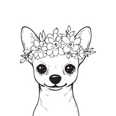 Cute Dog with Flower Crown &ndash; Black and White Line Art Pet Illustration