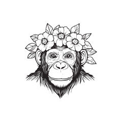 Cute Chimpanzee with Flower Crown &ndash; Black and White Line Art Animal Illustration