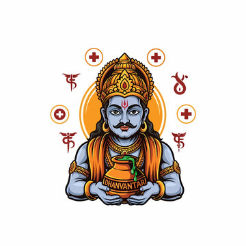 Illustration of Dhanvantari holding medicinal herb pot ayurvedic god