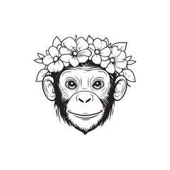 Cute Chimpanzee with Flower Crown &ndash; Black and White Line Art Illustration
