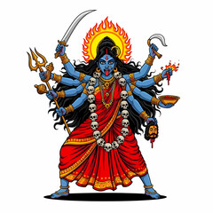 Fototapeta premium Vibrant depiction Hindu goddess Kali with weapons and severed head