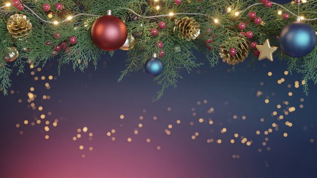 Festive holiday branch with ornaments, pine cones, and warm lights - Powered by Adobe